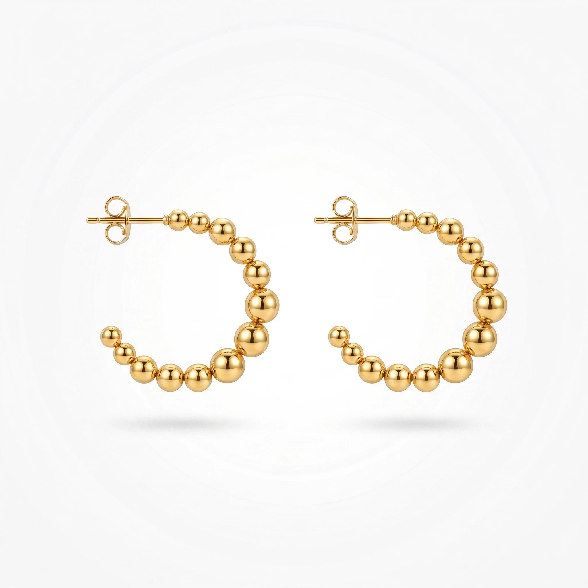 QIAOREN 12416 Elegant Quiet Luxury Spherical Hoop Earrings Gold Stainless Steel Sleek Graduated Beads C-Shaped Statement Studs