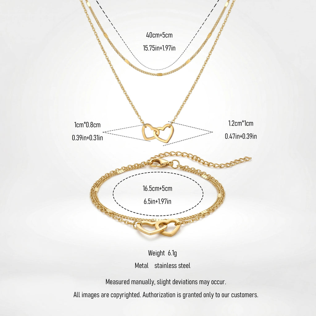 QIAOREN 11509 Fade Resistant Waterproof 18K Gold Plated Stainless Steel Interlocking Hearts Jewelry Set