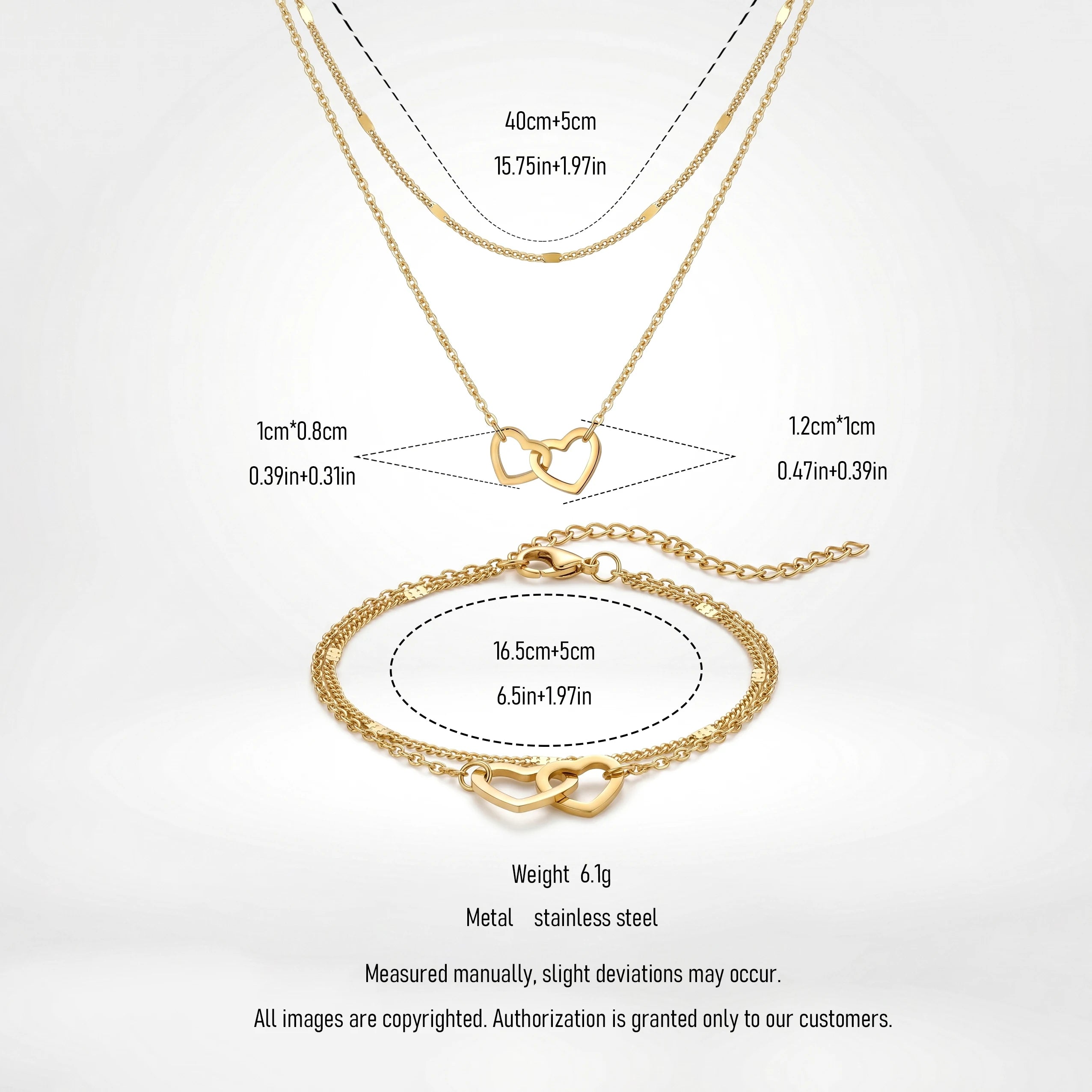 QIAOREN 11509 Fade Resistant Waterproof 18K Gold Plated Stainless Steel Interlocking Hearts Jewelry Set