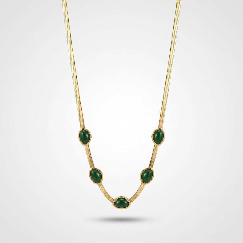 QIAOREN 13524 Flat Snake Chain Station Necklace with Five Oval Emerald Green Cabochon Stone Charms, Gold Bezel Set Natural