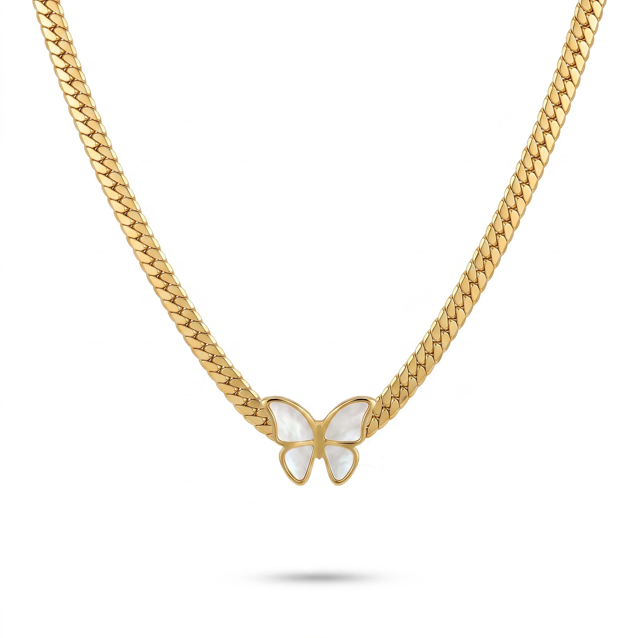 QIAOREN 13535 Flat Snake Choker Necklace with Inlaid White Shell Butterfly Pendant, Polished Wide Gold Chain
