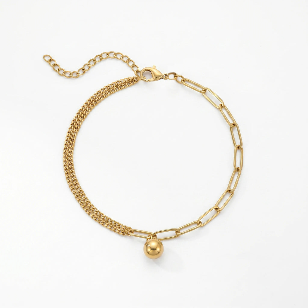 QIAOREN 12888 Gold Plated Double Layer Chain Bead Ball Anklet for Women Adjustable Dainty Minimalist Luxury Foot Jewelry Gift