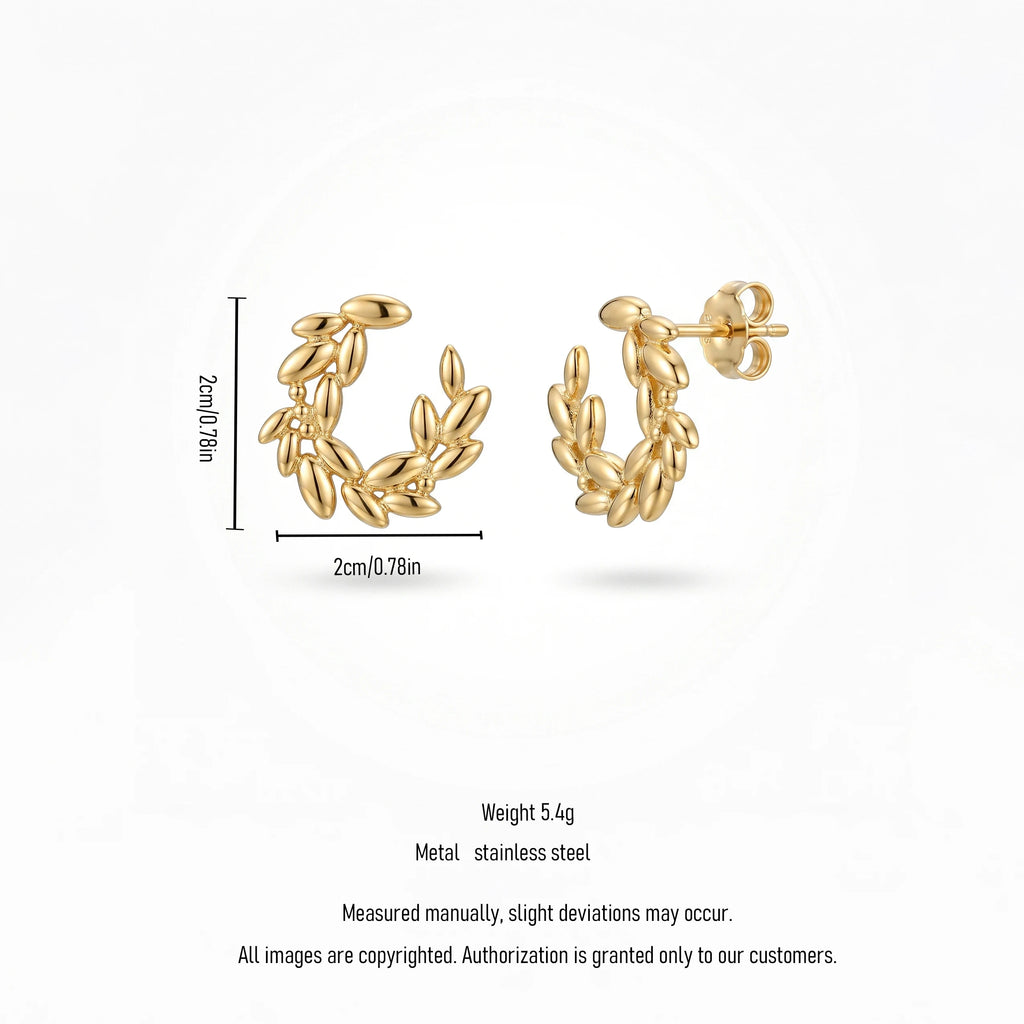 QIAOREN 13963 Stainless Steel Leaf Hoop Earrings Gold Laurel Huggie Earrings Dainty Nature Jewelry for Women