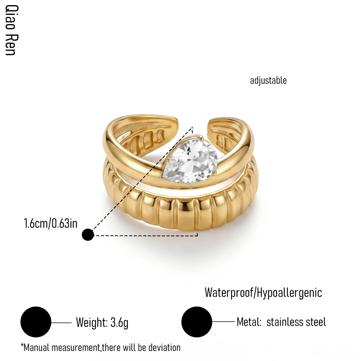 QIAOREN 14262-68 Vintage Floral Spiral Leaf Open Cuff Ring Collection, Adjustable Stackable Statement Rings with Zircon