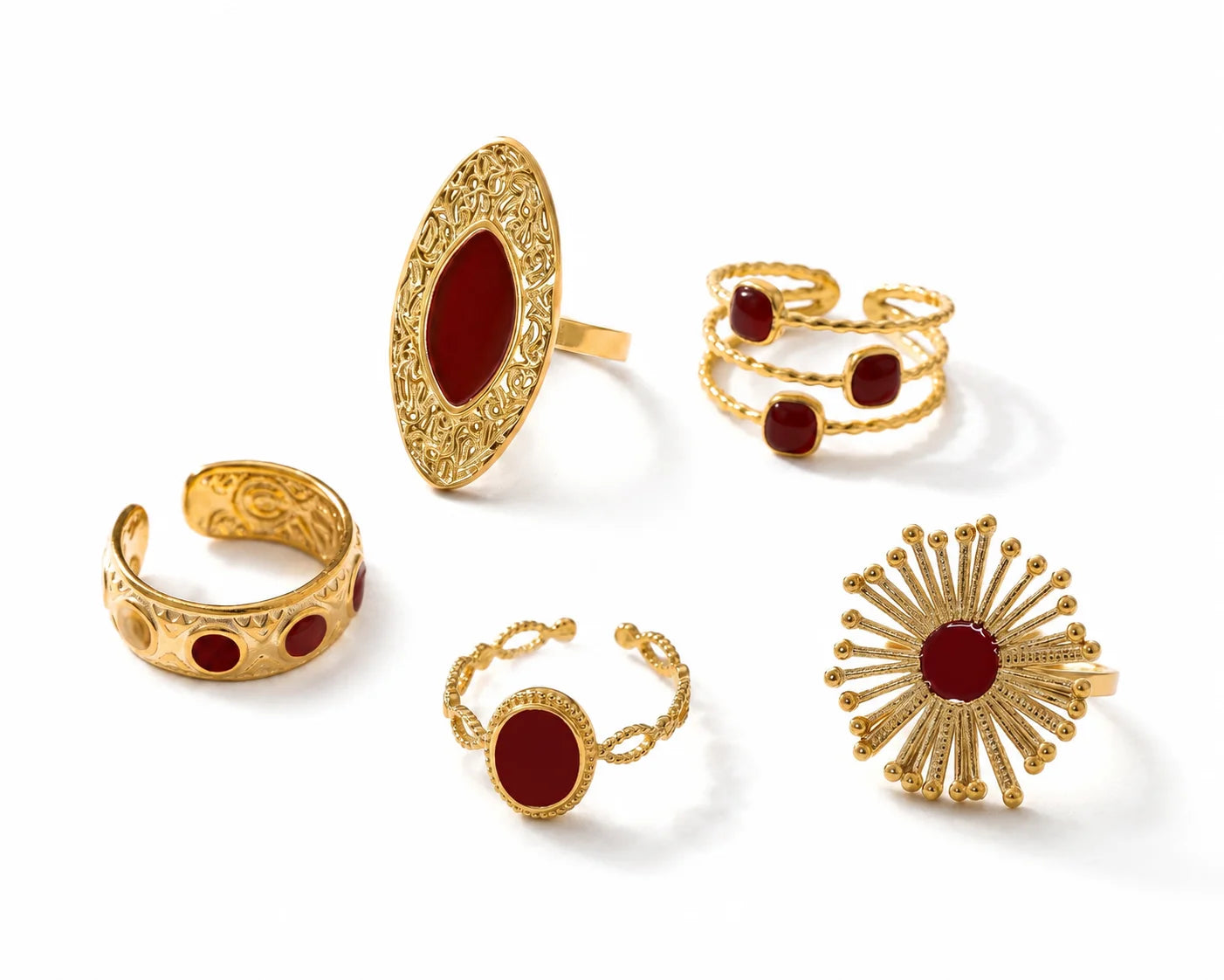 QIAOREN 14202-06 Burgundy Enamel Sunburst Open Ring Set, Vintage Carved Oval Adjustable Stackable Ring Jewelry Gift