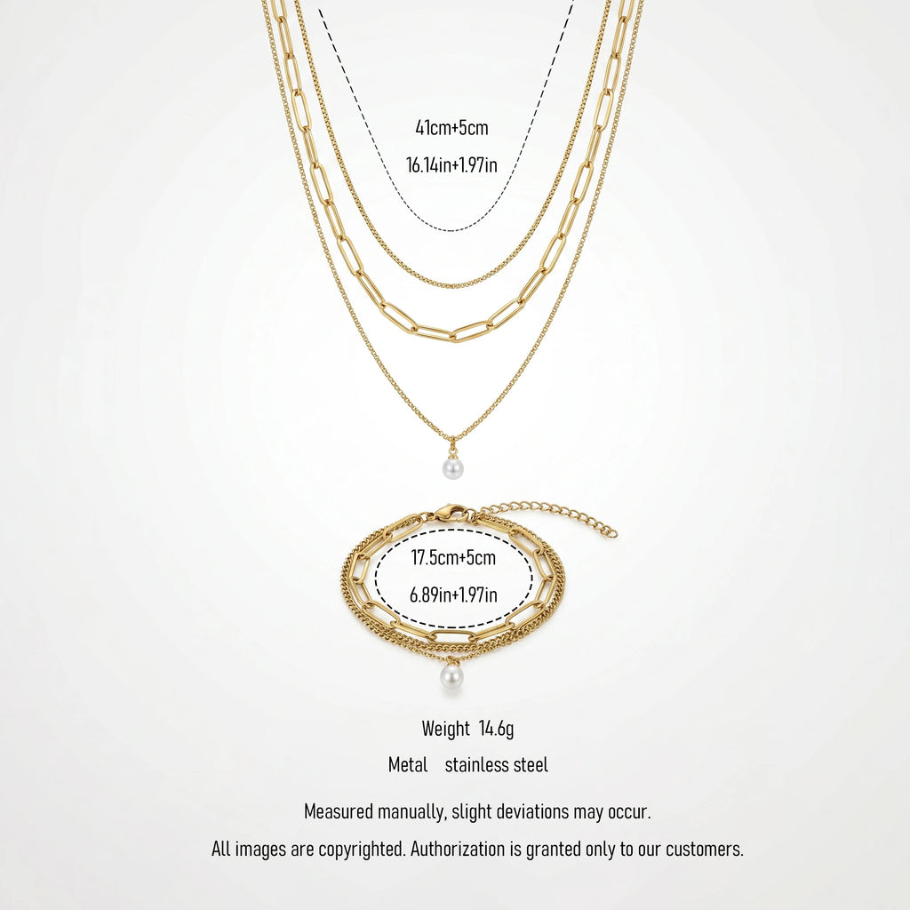 QIAOREN 11515 18K Gold Plated 3 Layered Pearl Pendant Necklace Bracelet Set Stainless Steel Tarnish Resistant