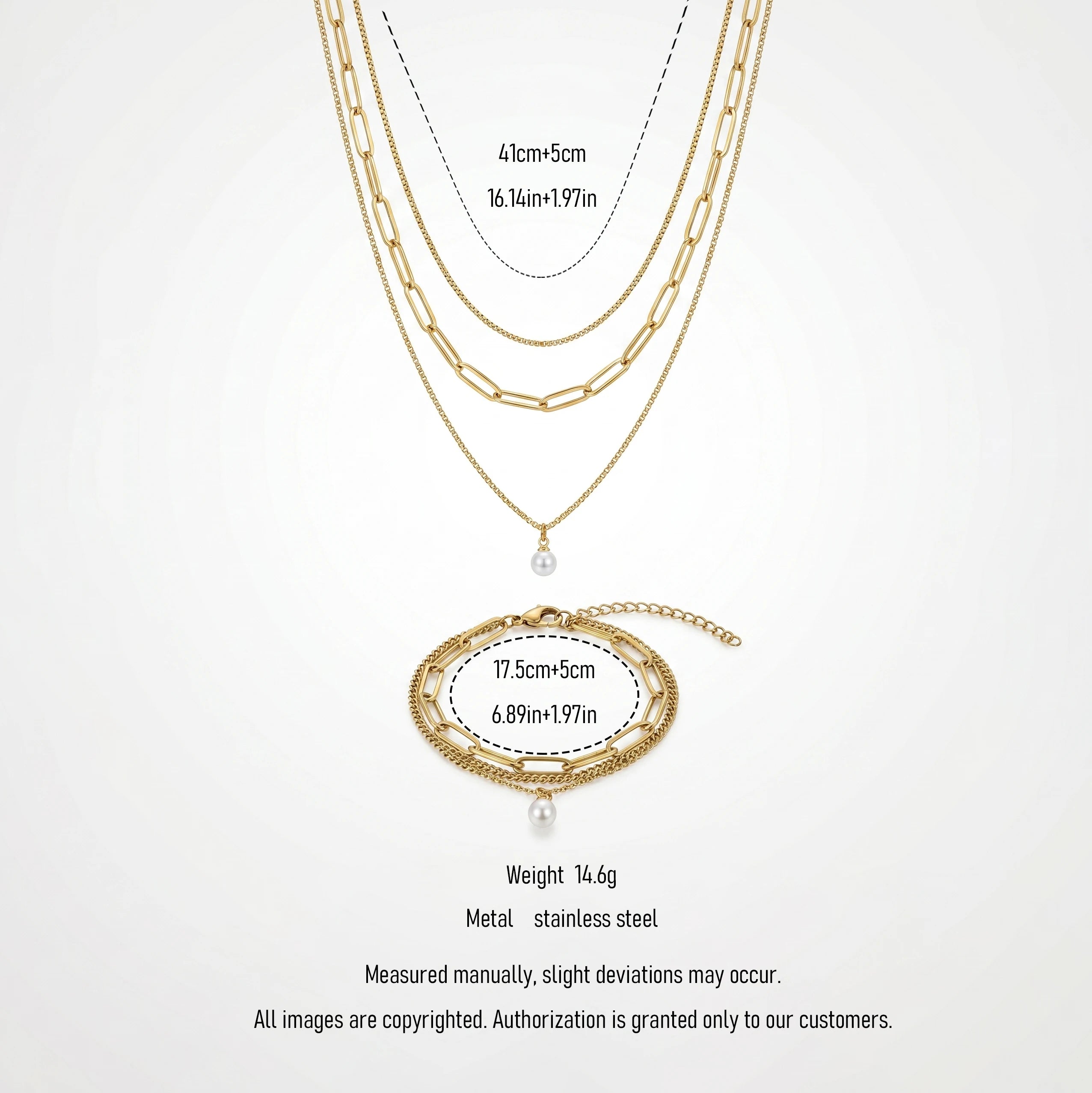 QIAOREN 11515 18K Gold Plated 3 Layered Pearl Pendant Necklace Bracelet Set Stainless Steel Tarnish Resistant