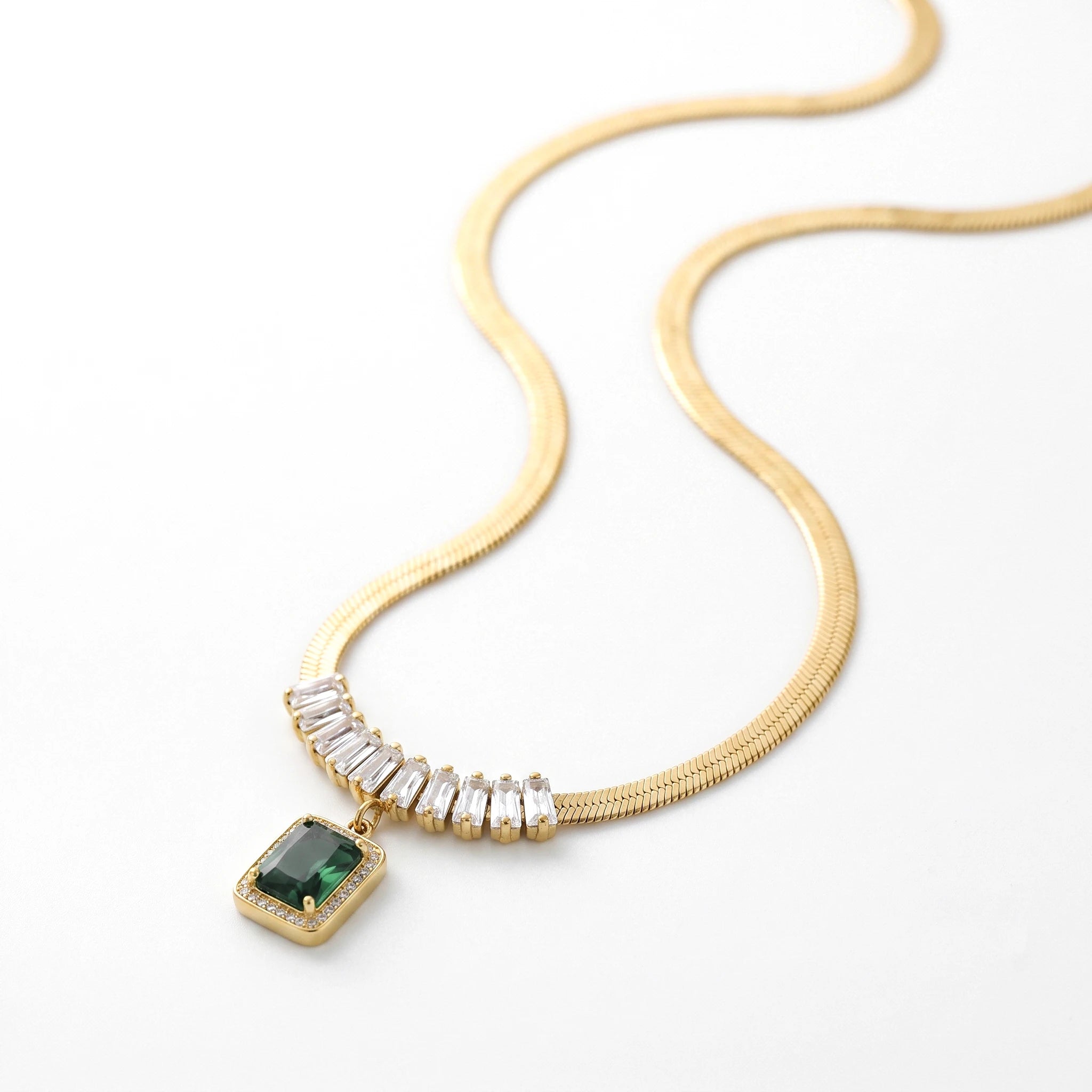 QIAOREN 13471 Luxury Flat Snake Chain Necklace with Marquise Crystal Accents & Halo Rectangle Emerald Pendant Necklace