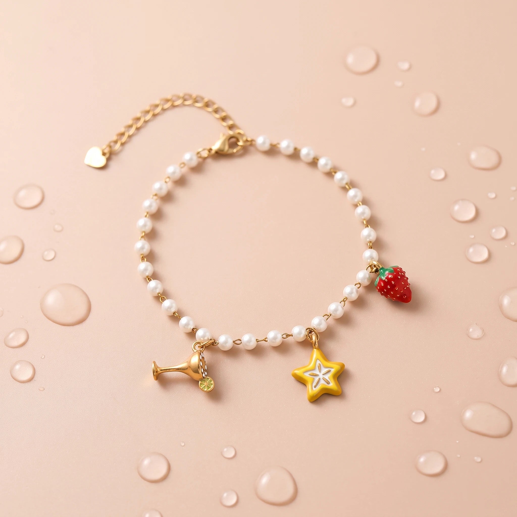 QIAOREN 13333 Sweet Party Pearl Anklet with Wine Glass, Hollow Star & Strawberry Charms, Cute Summer Foot Jewelry Gift