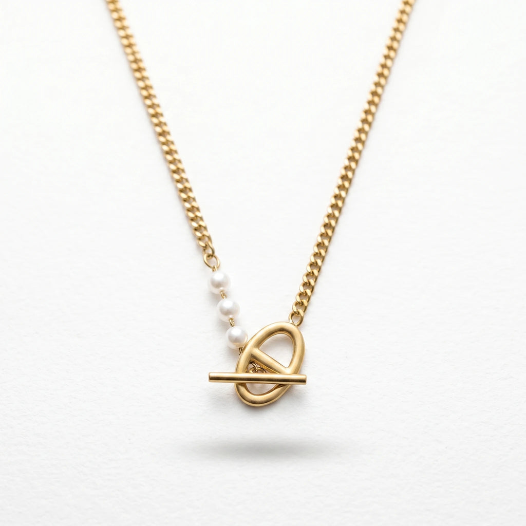 QIAOREN 11305 Tarnish Resistant Waterproof 18K Gold Plated Stainless Steel Pearl Toggle Curb Chain Necklace