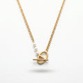 QIAOREN 11305 Tarnish Resistant Waterproof 18K Gold Plated Stainless Steel Pearl Toggle Curb Chain Necklace