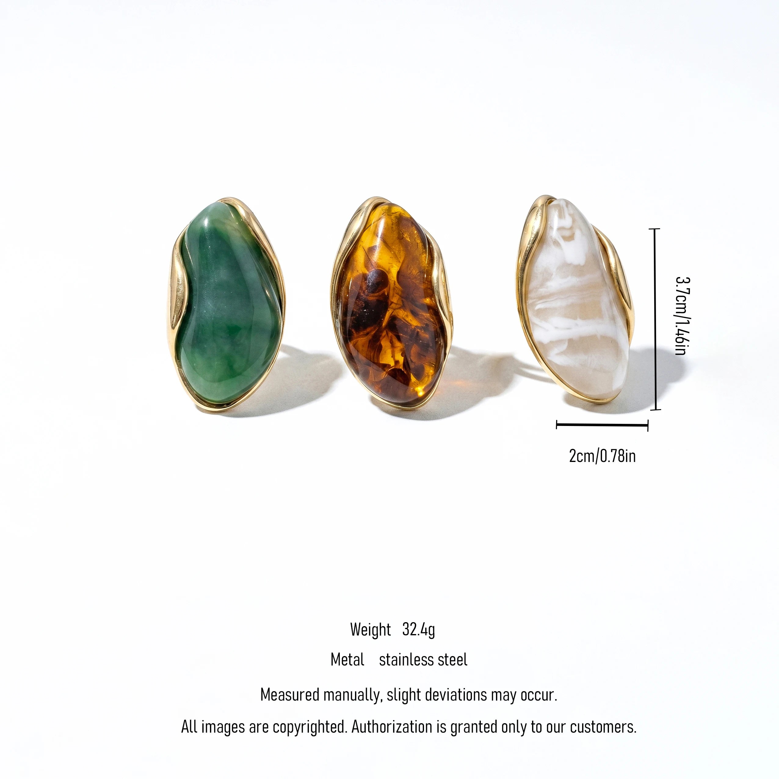 QIAOREN 11307 Hypoallergenic Tarnish Resistant 18K Gold Plated Stainless Steel Irregular Pebble Resin Cocktail Ring