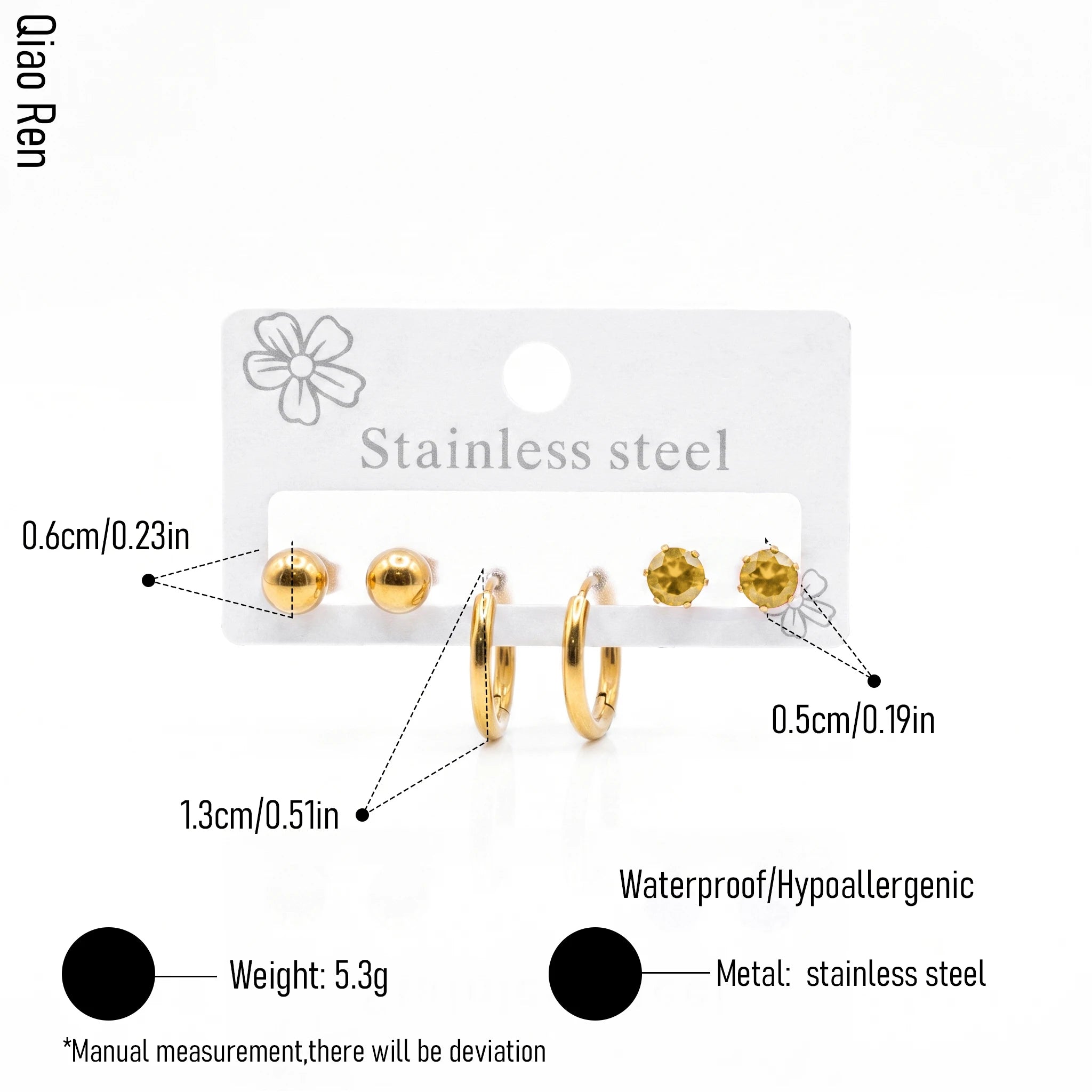 QIAOREN 14516-20 Waterproof Stainless Steel Hoop Earrings Set CZ Stud Earrings Ball Earrings Hypoallergenic Jewelry for Women