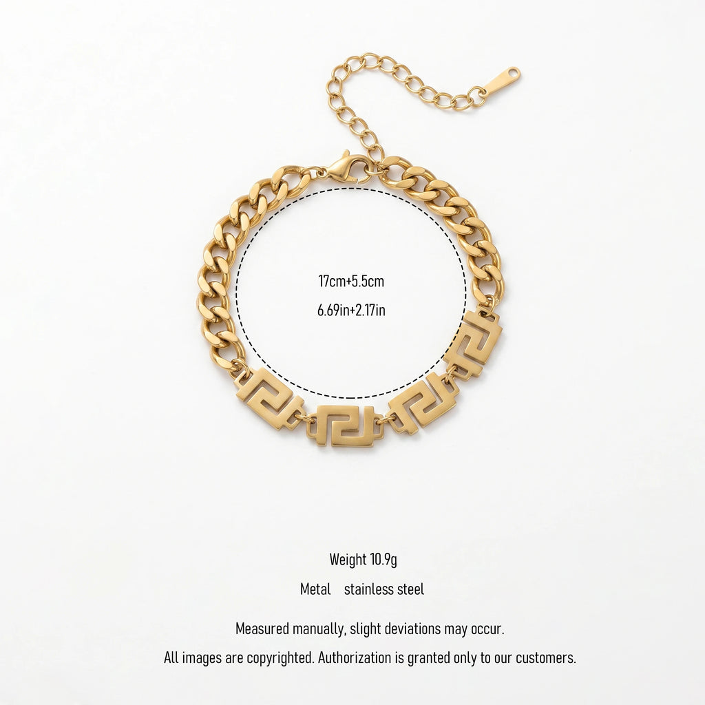 QIAOREN 13361 Gold Plated Stainless Steel Cuban Link Greek Key Bracelet Chunky Chain Statement Jewelry for Women