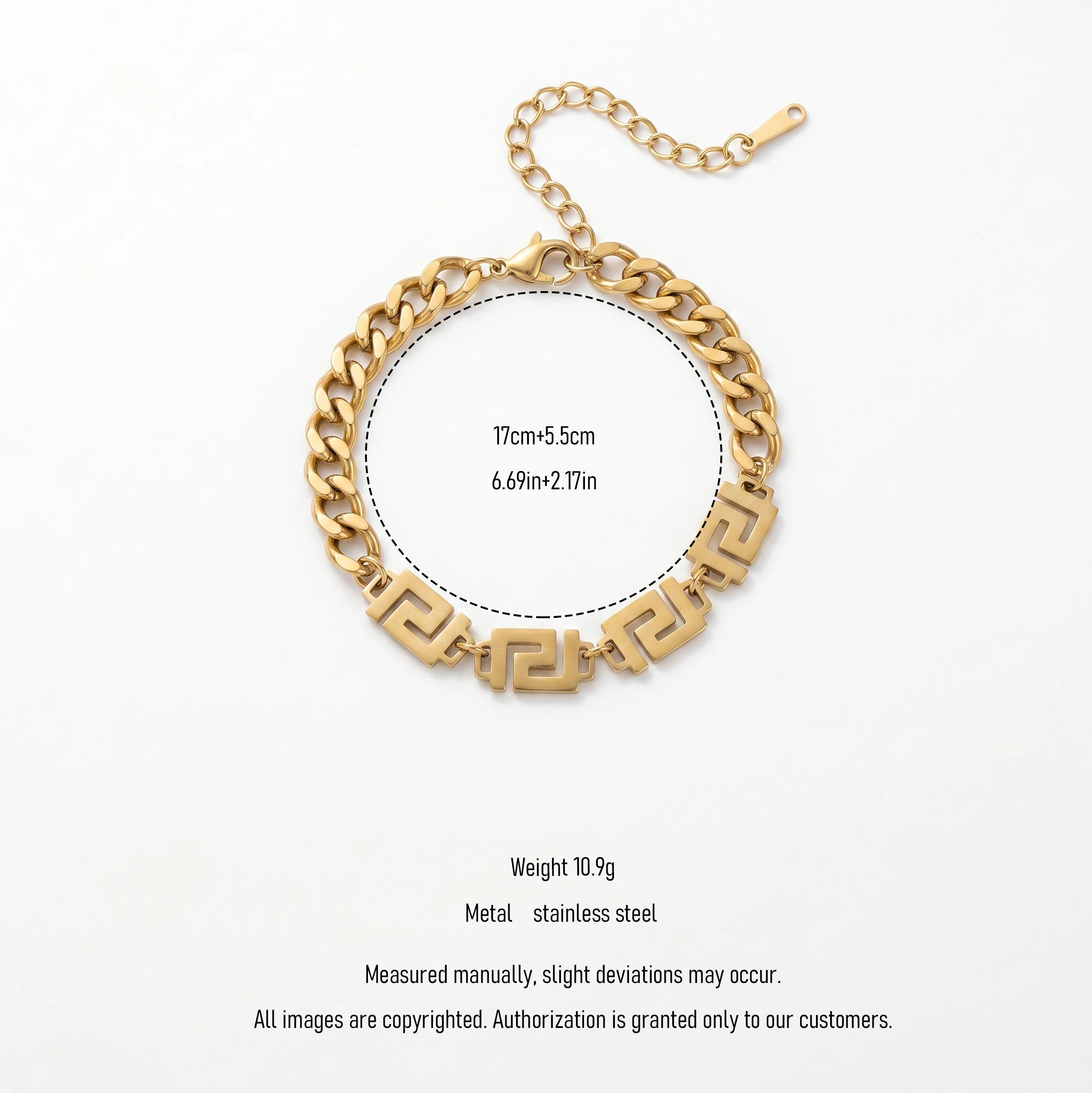 QIAOREN 13361 Gold Plated Stainless Steel Cuban Link Greek Key Bracelet Chunky Chain Statement Jewelry for Women