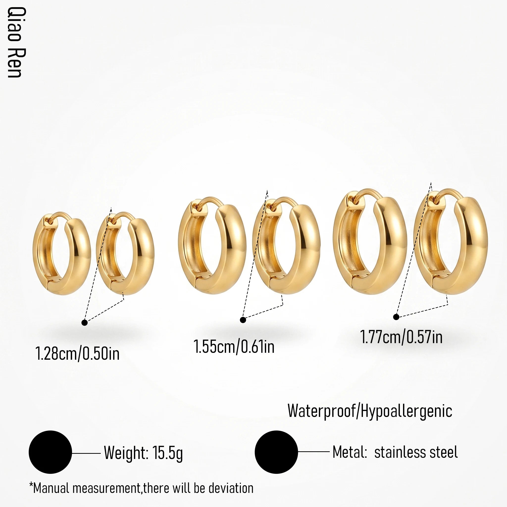 QIAOREN 14447 3 Pairs Different Size Stainless Steel Click Top Hoop Earrings, Minimalist Daily Wear Jewelry Gift