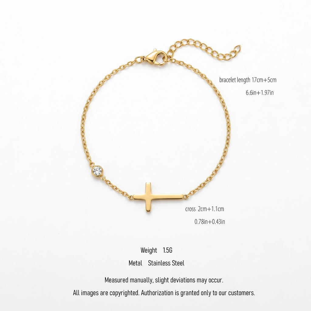 QIAOREN 10611 CZ Bezel Set Cross Charm Bracelet 18K Gold Plated Stainless Steel Waterproof Tarnish Free Jewelry for Women