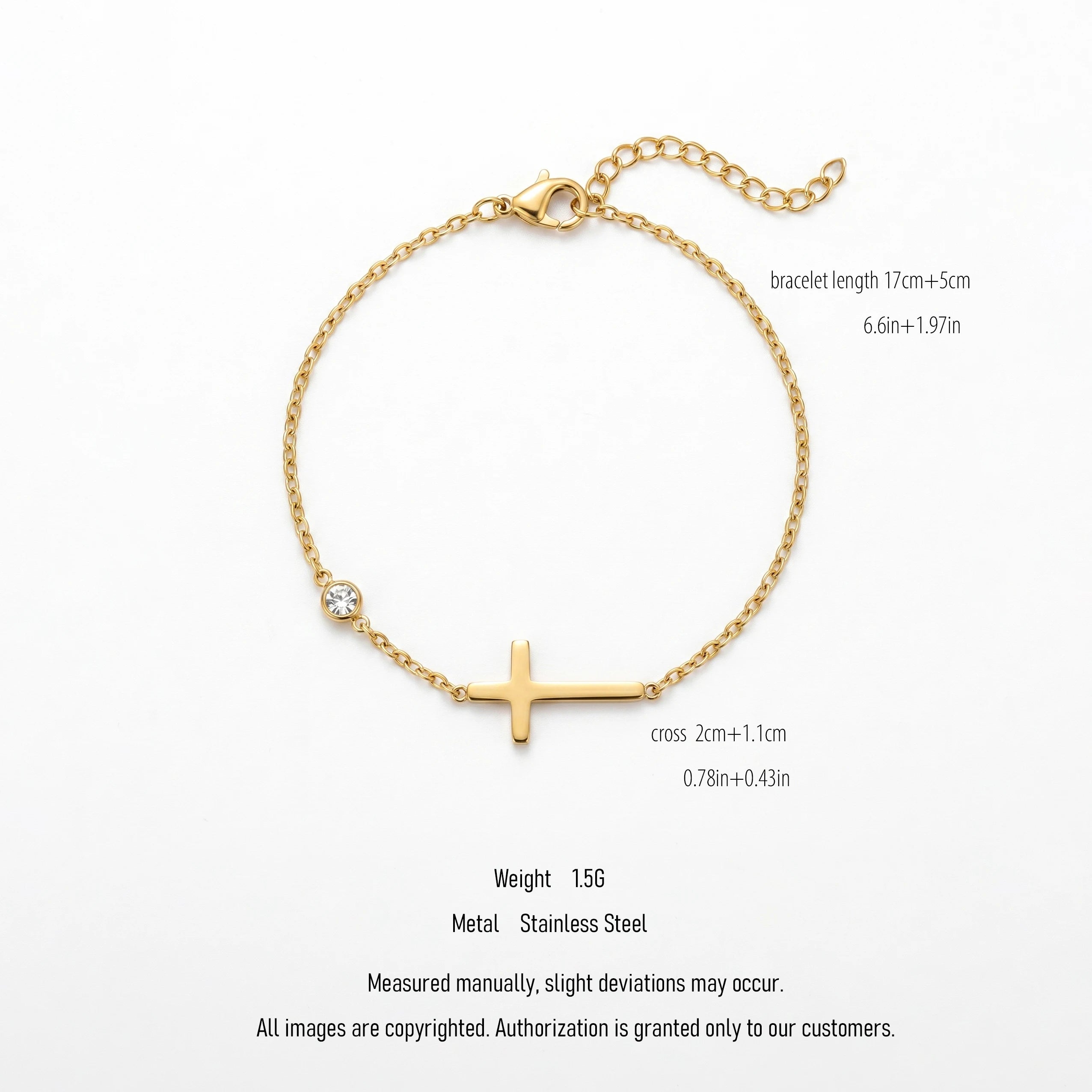QIAOREN 10611 CZ Bezel Set Cross Charm Bracelet 18K Gold Plated Stainless Steel Waterproof Tarnish Free Jewelry for Women
