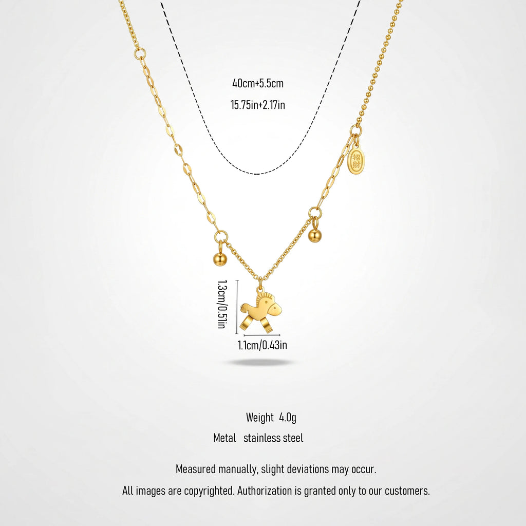 QIAOREN 13815  Mixed Oval Link & Ball Bead Chain Pendant Necklace with Flat Cutout Rocking Horse Charm, Oval Engraved Wealth