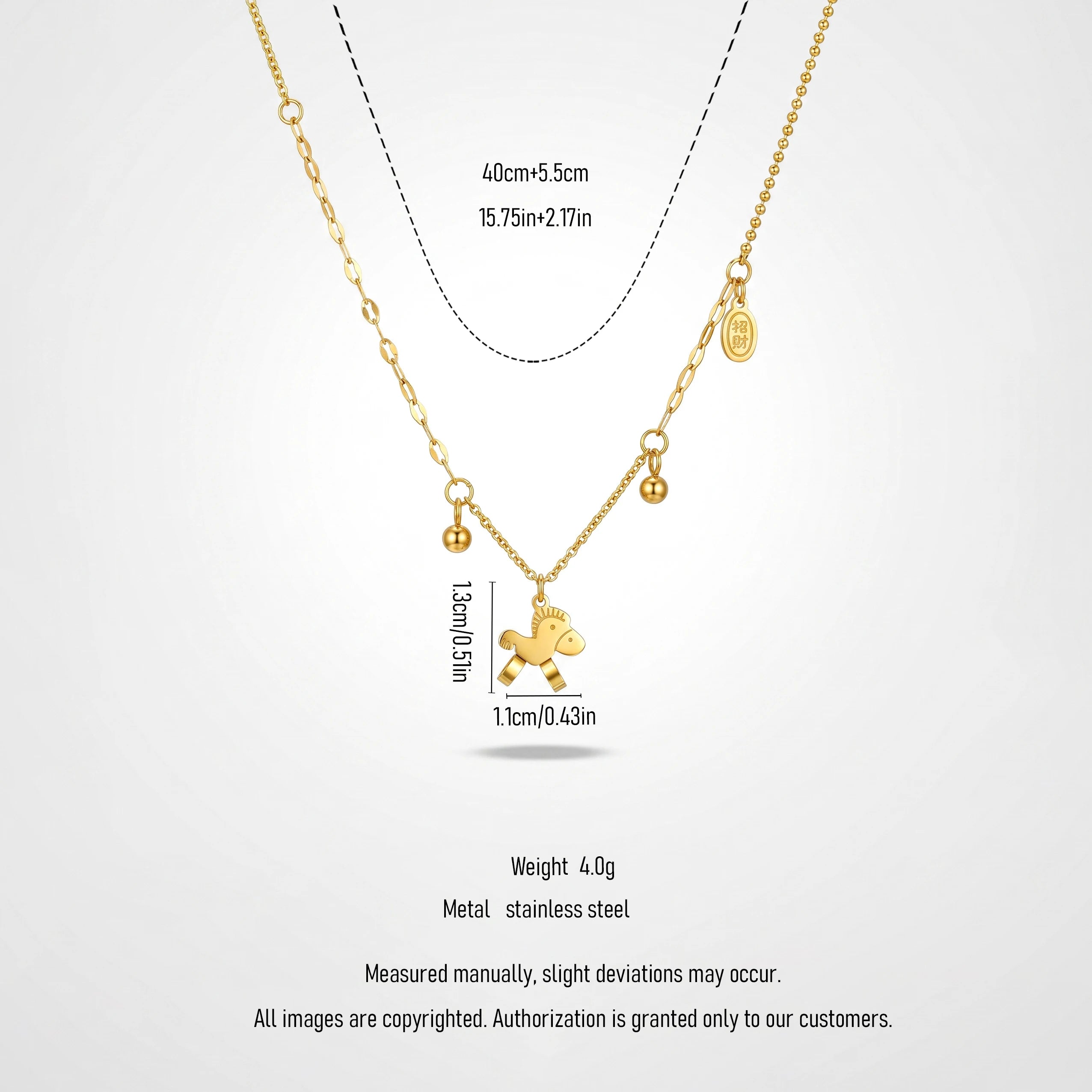 QIAOREN 13815  Mixed Oval Link & Ball Bead Chain Pendant Necklace with Flat Cutout Rocking Horse Charm, Oval Engraved Wealth