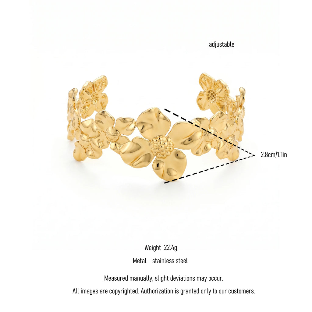 QIAOREN 12710 Boho Irregular Big Small Sculpted Flower Open Gold Bangle Stainless Steel Hollow Stackable Bracelet Wholesale