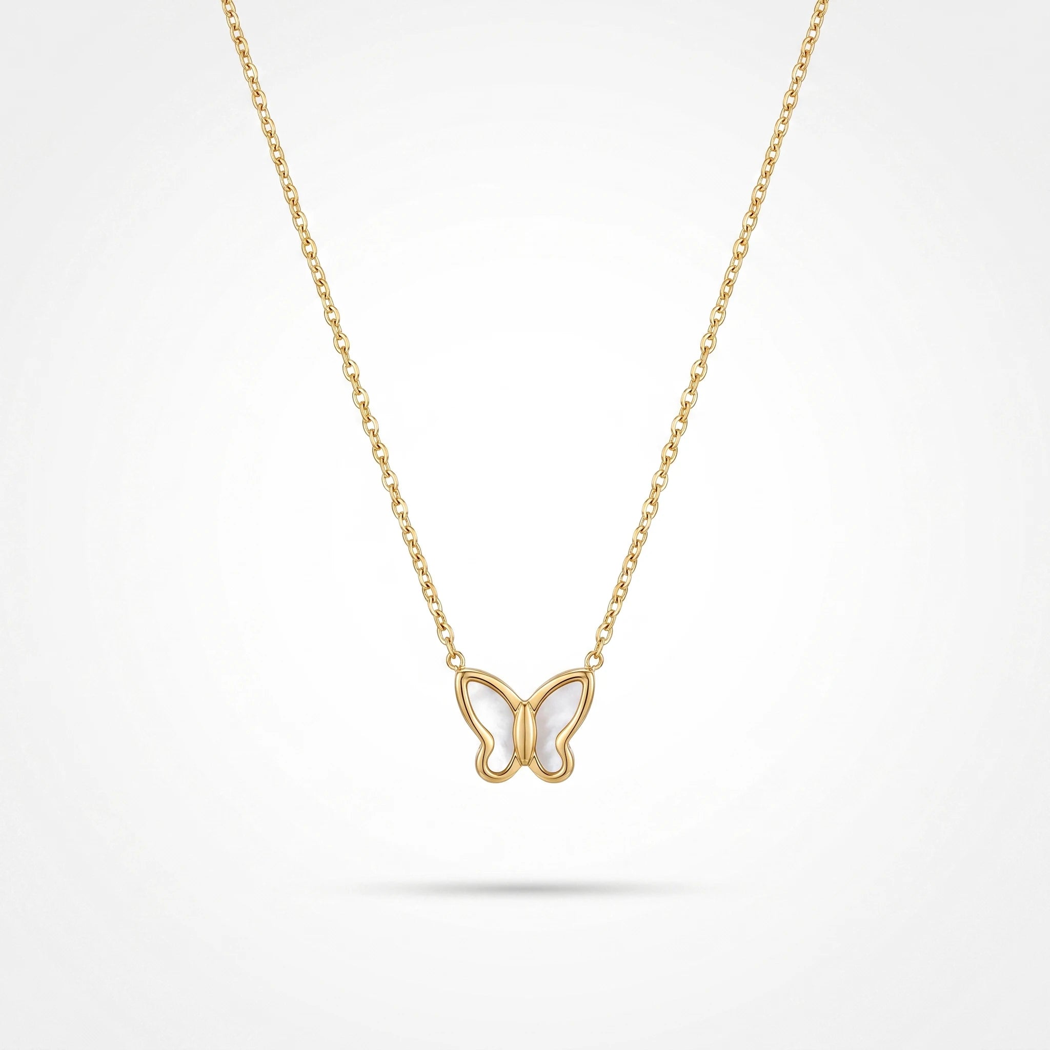 QIAOREN 13543 Dainty Hollow Butterfly Pendant Necklace with Natural Stone, Thin Gold Cable Chain