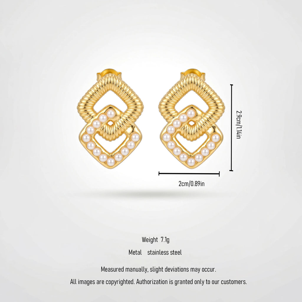 QIAOREN 12435  Interlocking Rhombus Pearl Earrings Gold Stainless Steel Ribbed Textured Diamond Studs Women US EU
