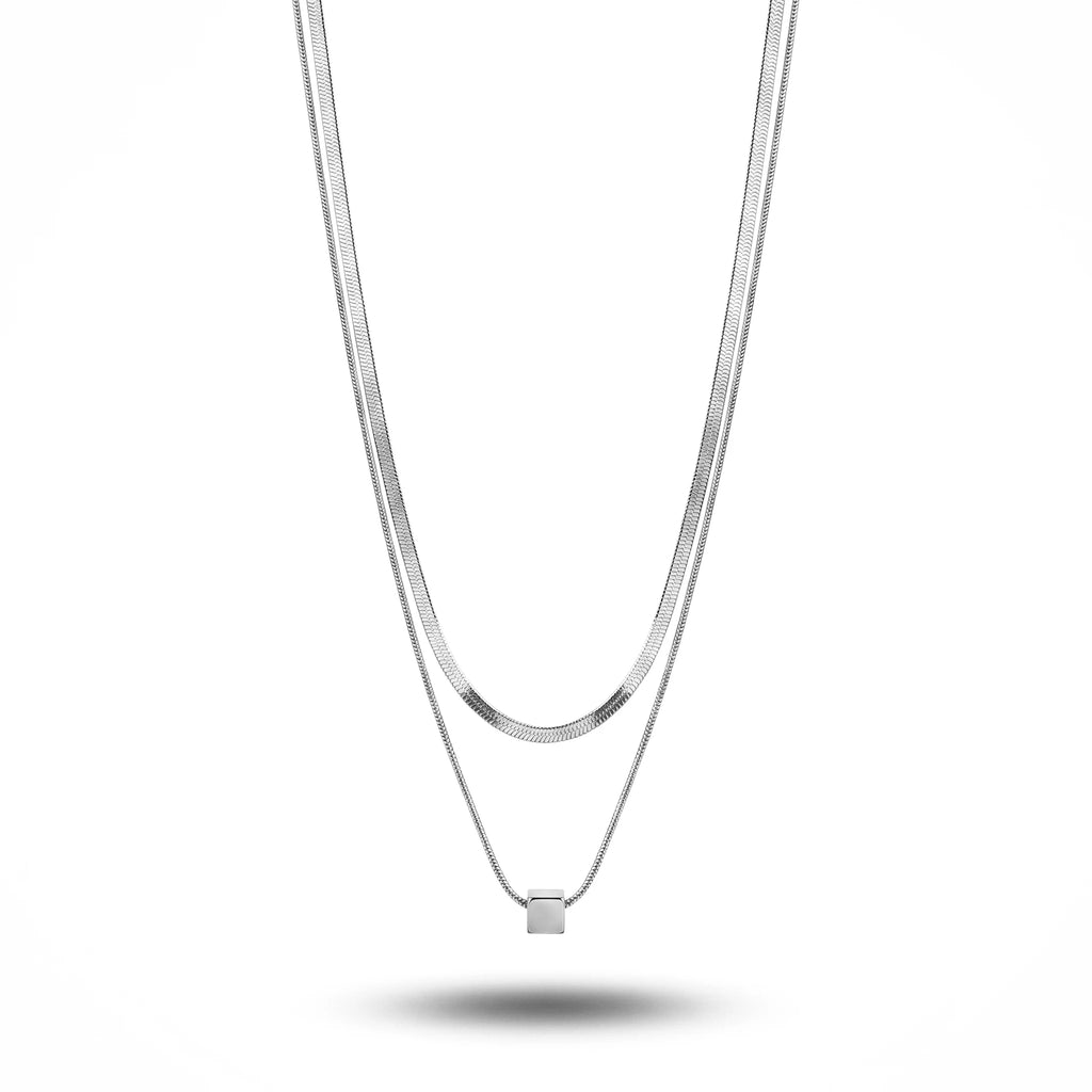 QIAOREN 11688 Minimalist Cube Layered Necklace 18K Gold Stainless Steel Herringbone Chain Choker for Women