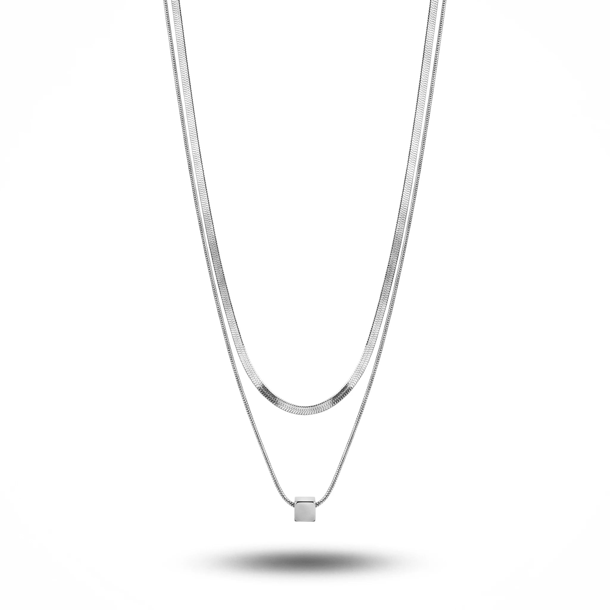 QIAOREN 11688 Minimalist Cube Layered Necklace 18K Gold Stainless Steel Herringbone Chain Choker for Women