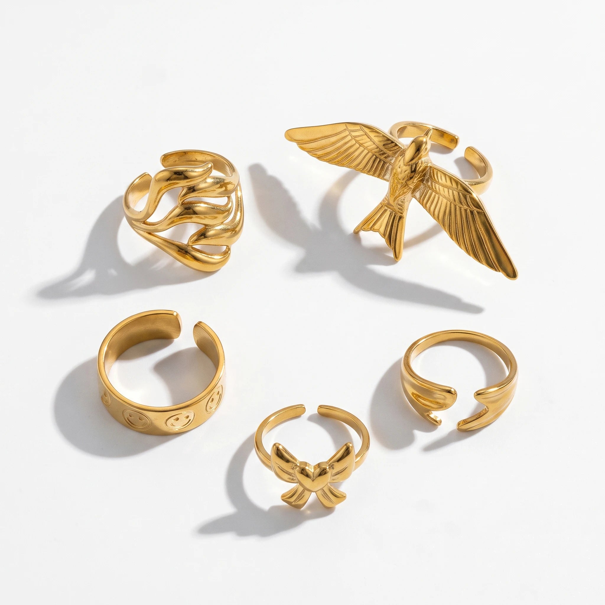 QIAOREN 14304-13 Women's Stainless Steel Vintage Bird -Face Bow Open Cuff Ring Set Adjustable Stackable 18K Gold Plated
