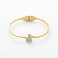 QIAOREN 13653 Thin Wire Spring Cuff Bangle with Paved Zircon Heart & Tiny Single Crystal Dual Charms, Polished Gold Open Bangle