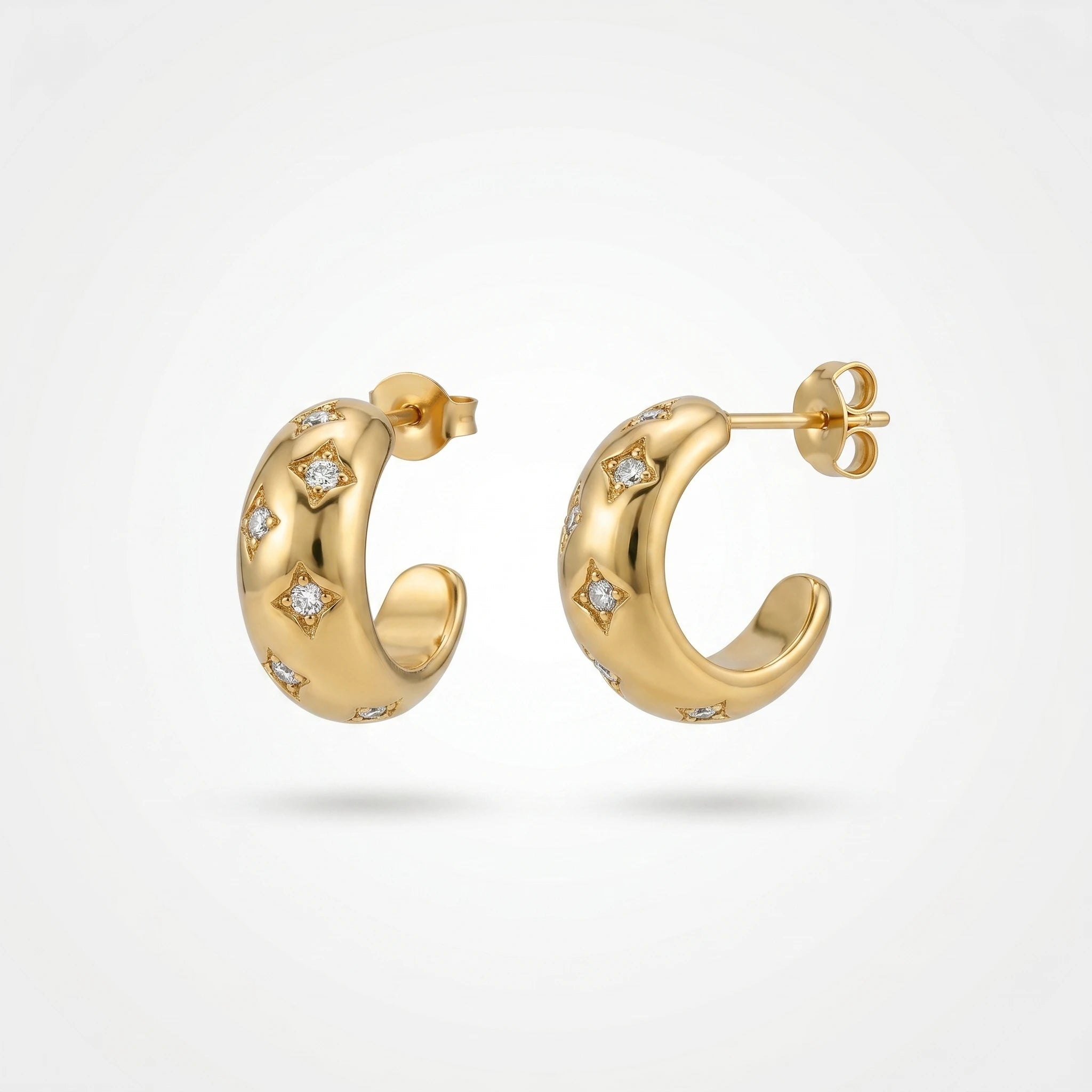 QIAOREN 12430 Tarnish Free Celestial Star Dome Earrings 18K Gold Plated Stainless Steel Puffy Flush Set Zircon Letter