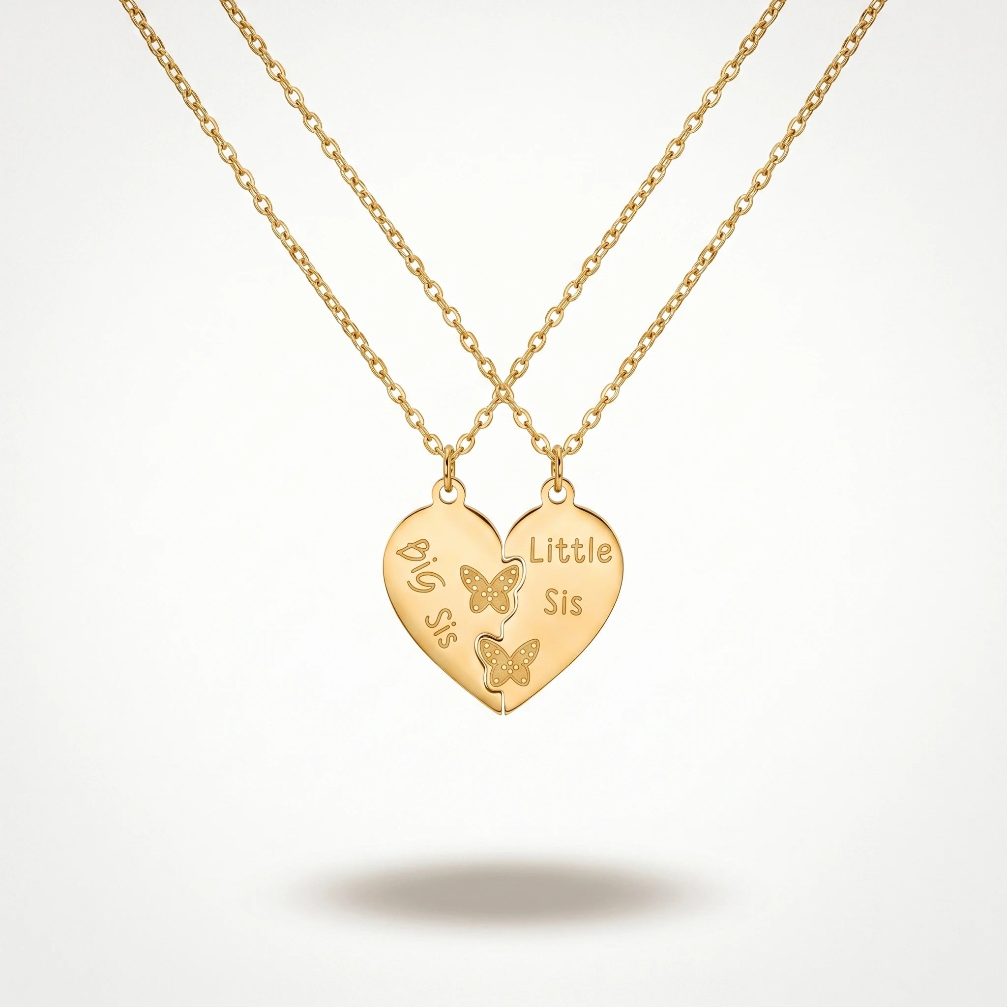 QIAOREN 1288618K Gold Big Sis Little Sis Split Heart Necklace for 2, Butterfly Stainless Steel Sister Jewelry, Tarnish Free Gift