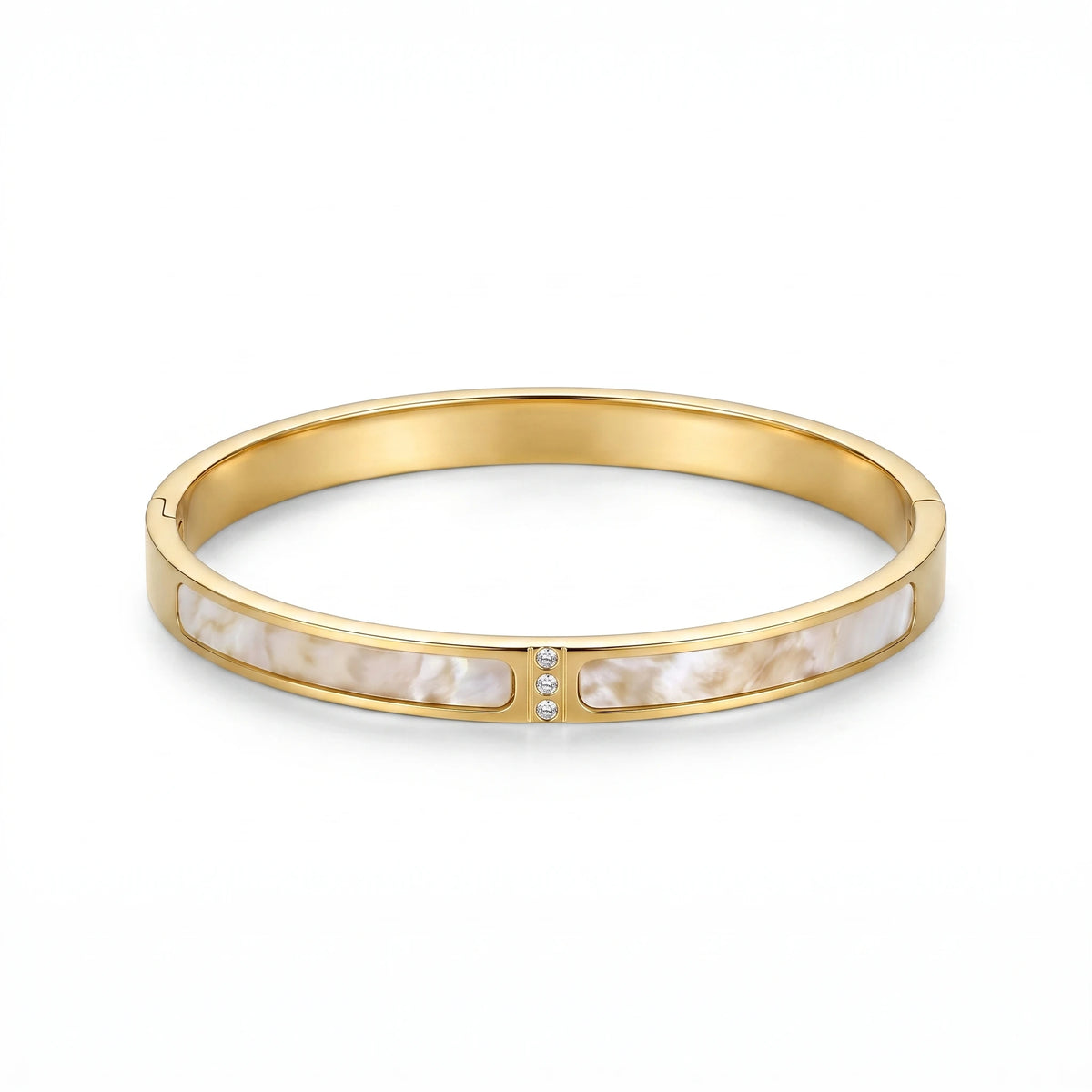 QIAOREN 13663 Flat Open Bangle Bracelet with Dual Inlaid White Mother of Pearl Panels & Three Vertical Tiny Zircon