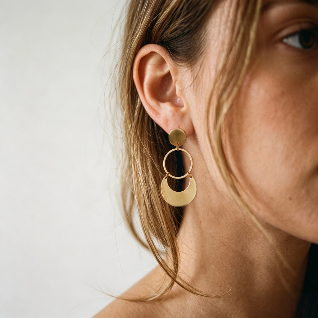 QIAOREN 14600 Stainless Steel Three Layer Circle Shape Tassel Punk Style Non Tarnish Geometry Stud Earrings Women's Party Gift