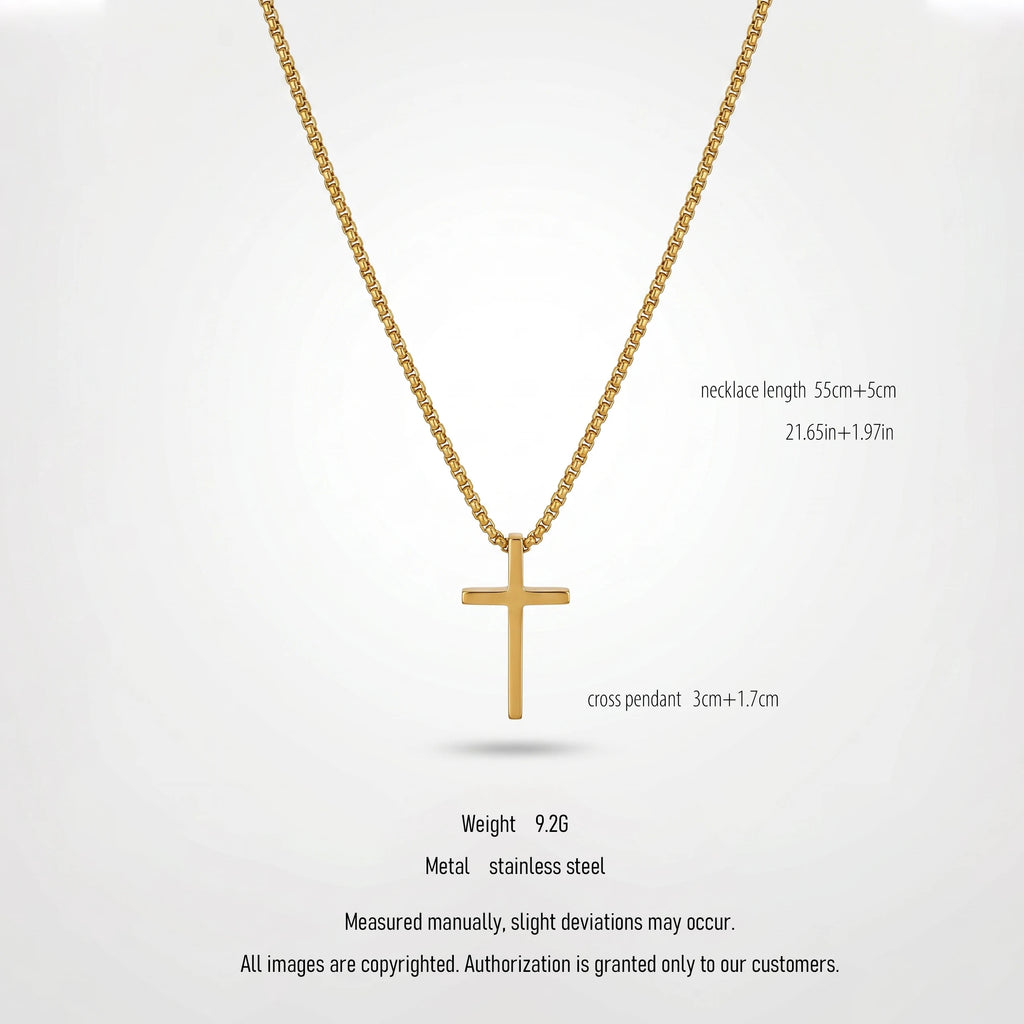 QIAOREN 10653 Trendy Minimalist Cross Pendant Box Chain Necklace 18K Gold Plated Stainless Steel Sweat-Proof Hypoallergenic