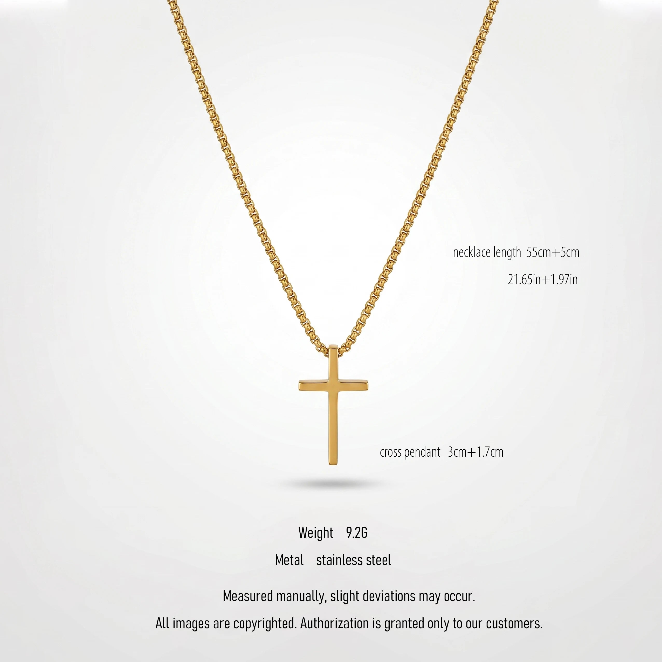 QIAOREN 10653 Trendy Minimalist Cross Pendant Box Chain Necklace 18K Gold Plated Stainless Steel Sweat-Proof Hypoallergenic