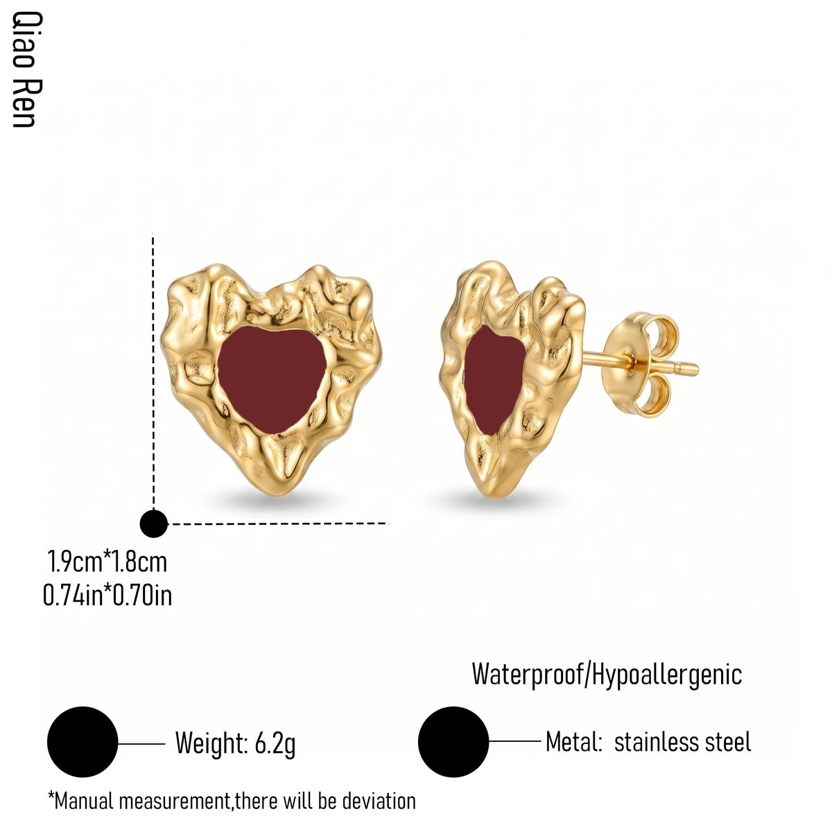 QIAOREN 14088-90 Stainless Steel Abstract Heart Stud Earrings Waterproof Hypoallergenic Gold Black Enamel Jewelry OEM ODM