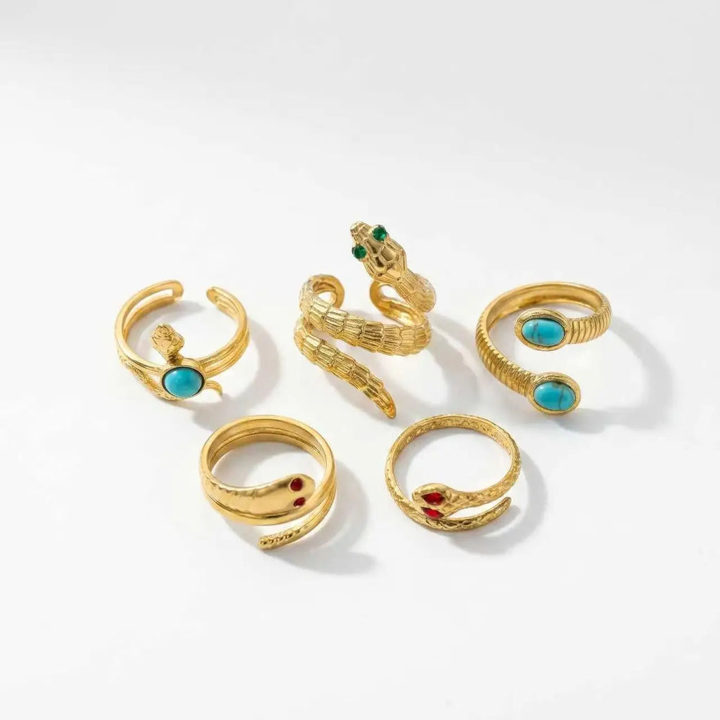 QIAOREN 5Pcs Gold Stainless Steel Turquoise Open Ring Set Irregular Hammered Crown Adjustable Boho Stackable Rings