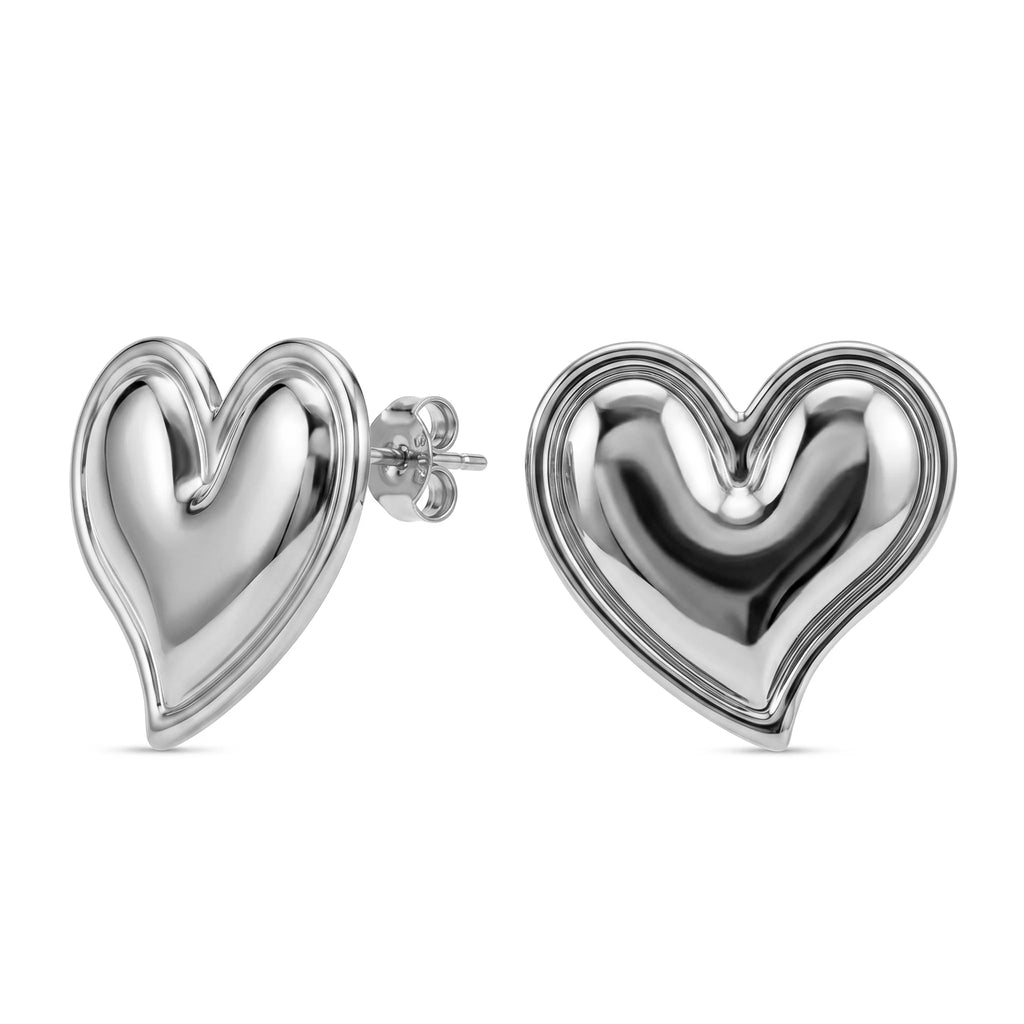 QIAOREN 11198 Luxury Puffy Heart Stud Earrings Gold Stainless Steel Romantic Statement Jewelry for Women