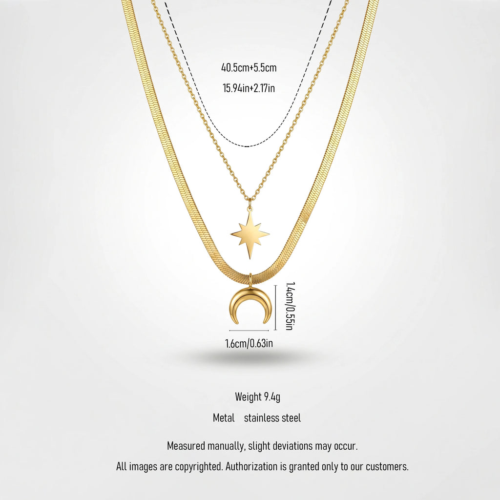 QIAOREN 13508 Two Layer Star & Crescent Moon Pendant Necklace with Flat Snake & Thin Cable Mixed Chain, Dainty Gold Necklace