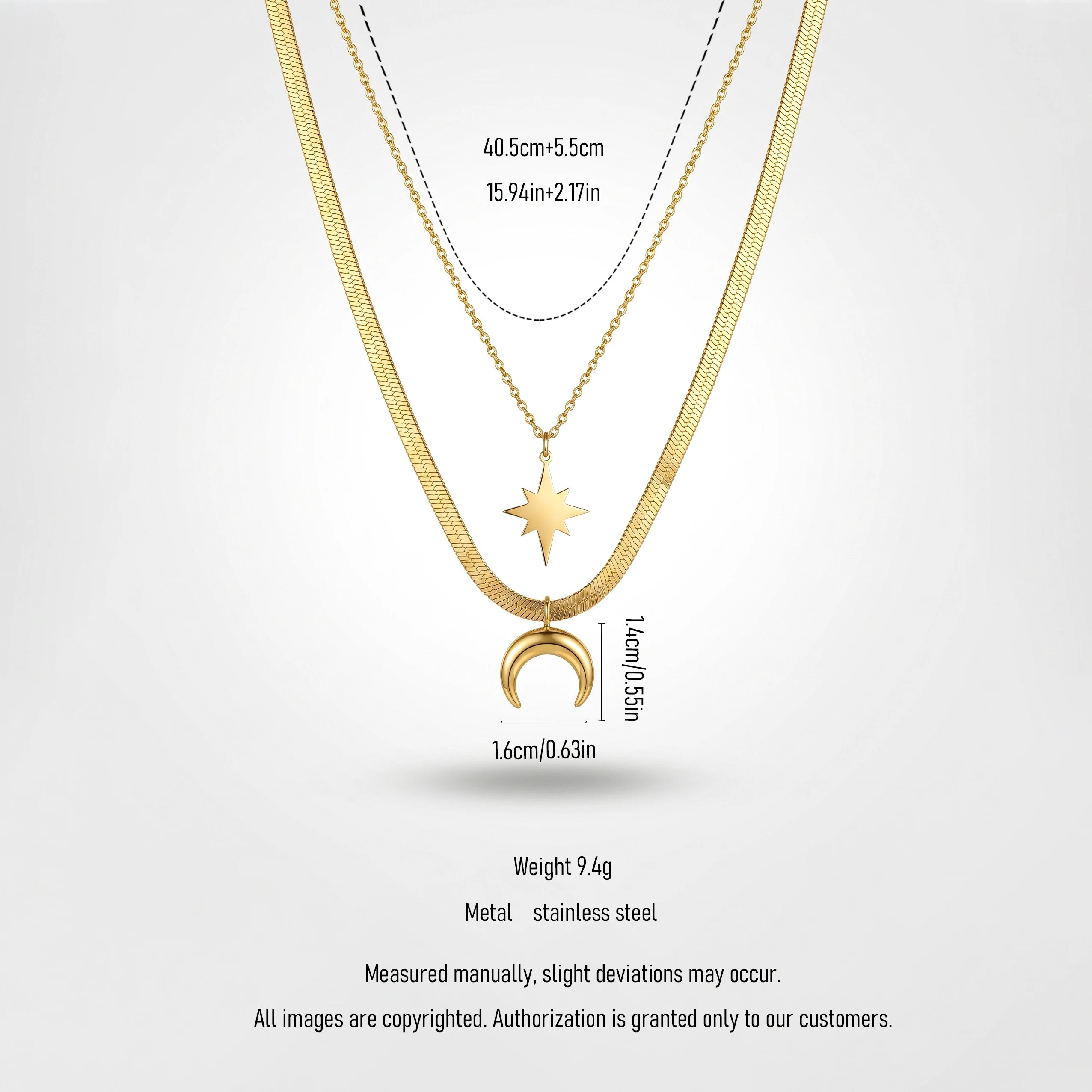 QIAOREN 13508 Two Layer Star & Crescent Moon Pendant Necklace with Flat Snake & Thin Cable Mixed Chain, Dainty Gold Necklace