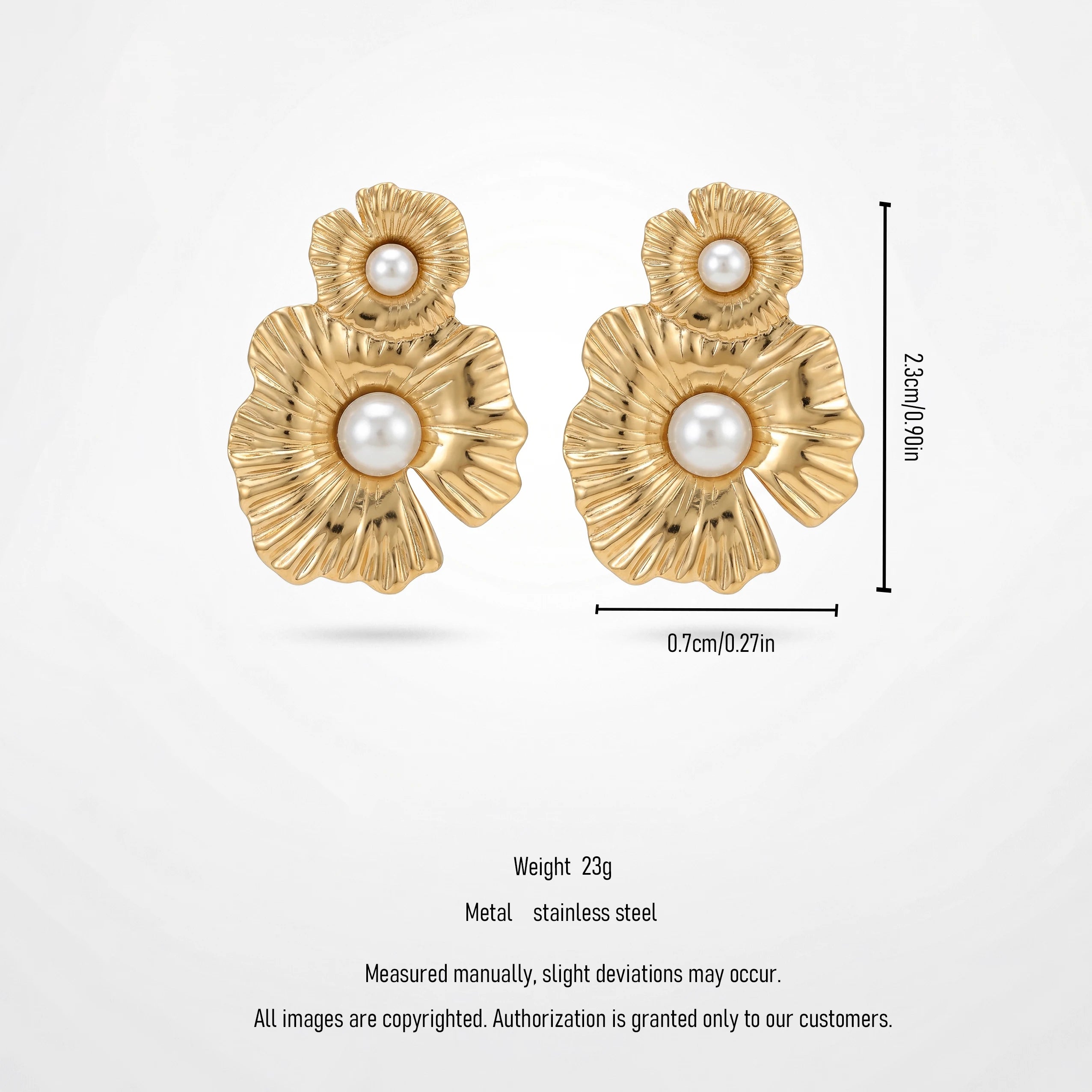 QIAOREN 12428 Elegant Quiet Luxury Fluted Petal Flower Pearl Drop Earrings Gold Stainless Steel 3D Botanical Statement Jewelry