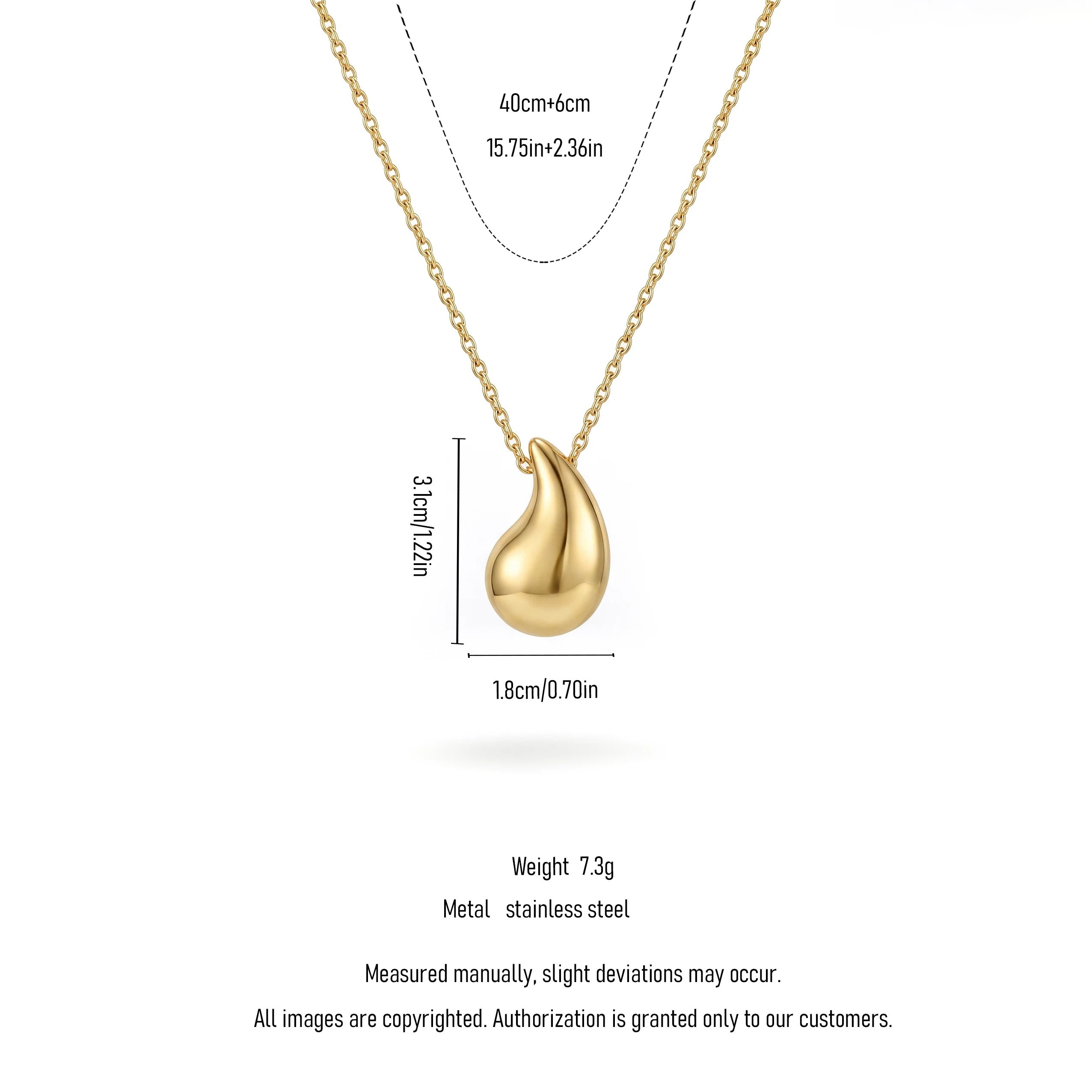 QIAOREN 13984 Link Chain Pendant Necklace with Smooth Puffy Teardrop Water Drop Charm, Polished Gold Minimalist Geometric