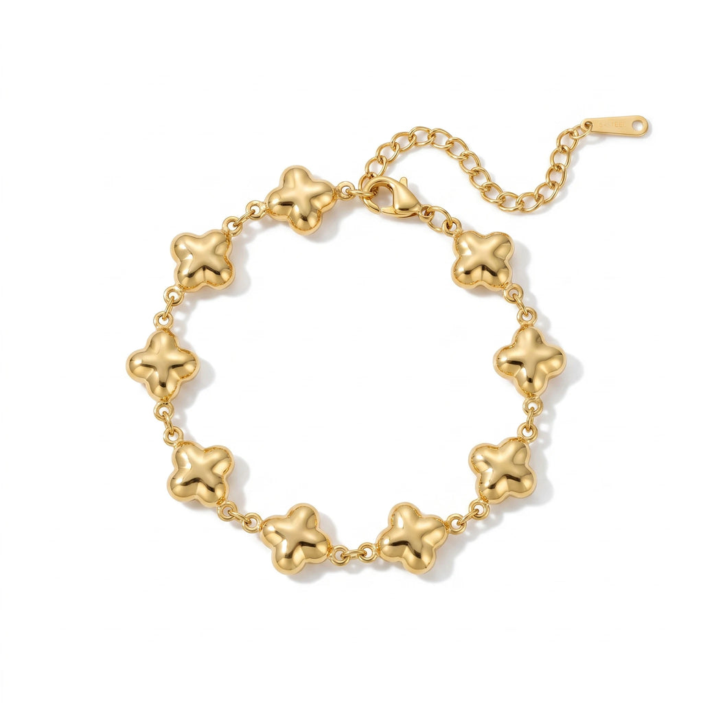 QIAOREN12053 Classic Minimalist Stainless Steel Raised Four Clover Bracelet 18K Gold Plated Trend Stack Wrist Jewelry
