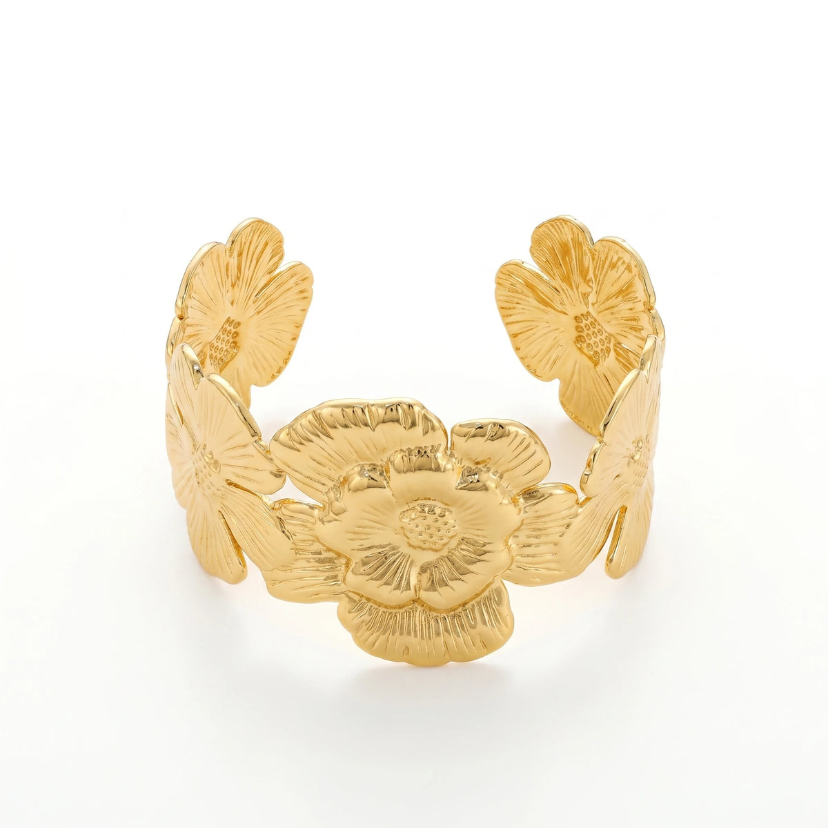 QIAOREN 12710 Boho Irregular Big Small Sculpted Flower Open Gold Bangle Stainless Steel Hollow Stackable Bracelet Wholesale
