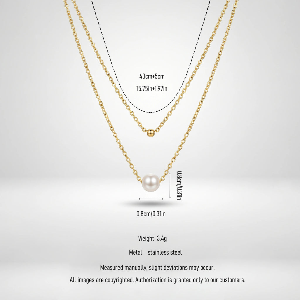 QIAOREN 11237 18K Gold Plated Layered Pearl and Gold Ball Pendant Necklace Stainless Steel Tarnish Free Waterproof Jewelry