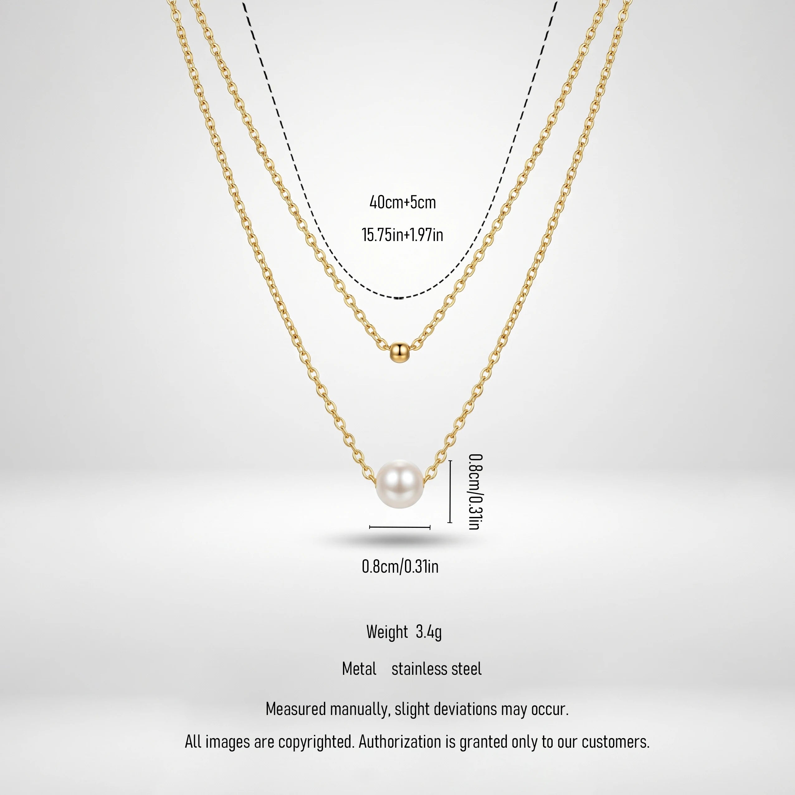 QIAOREN 11237 18K Gold Plated Layered Pearl and Gold Ball Pendant Necklace Stainless Steel Tarnish Free Waterproof Jewelry