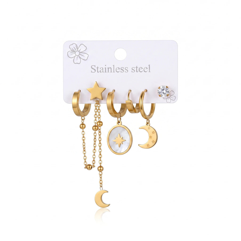 QIAOREN 14477 Stainless Steel Gold Moon Star Dangle Huggie Hoop Earrings Set, Shell Oval Star Pendant Tassel Chain Ear Jewelry