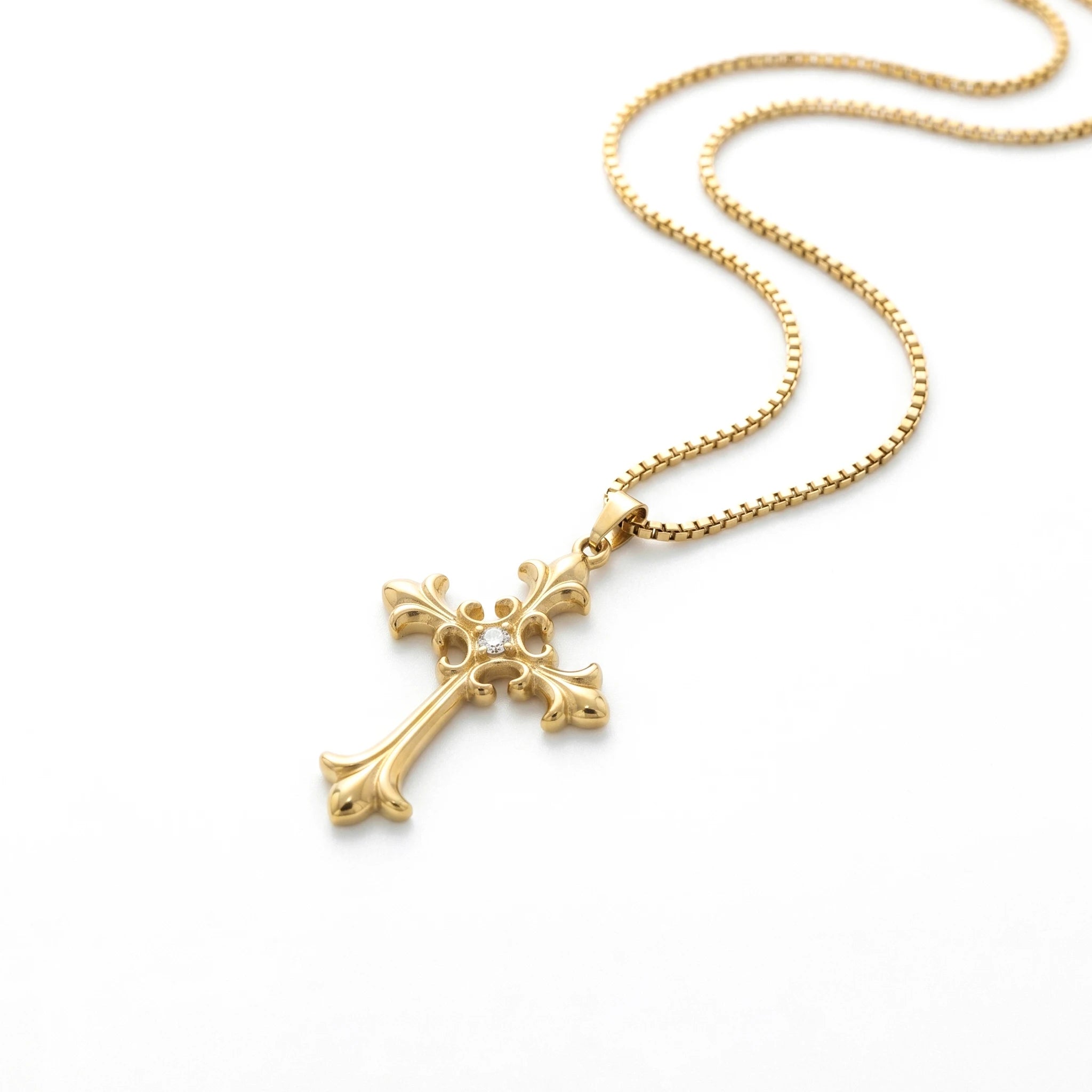 QIAOREN 13157 Gold Plated Vintage Cross Pendant Necklace Stainless Steel Gothic Christian CZ Necklace for Women Men